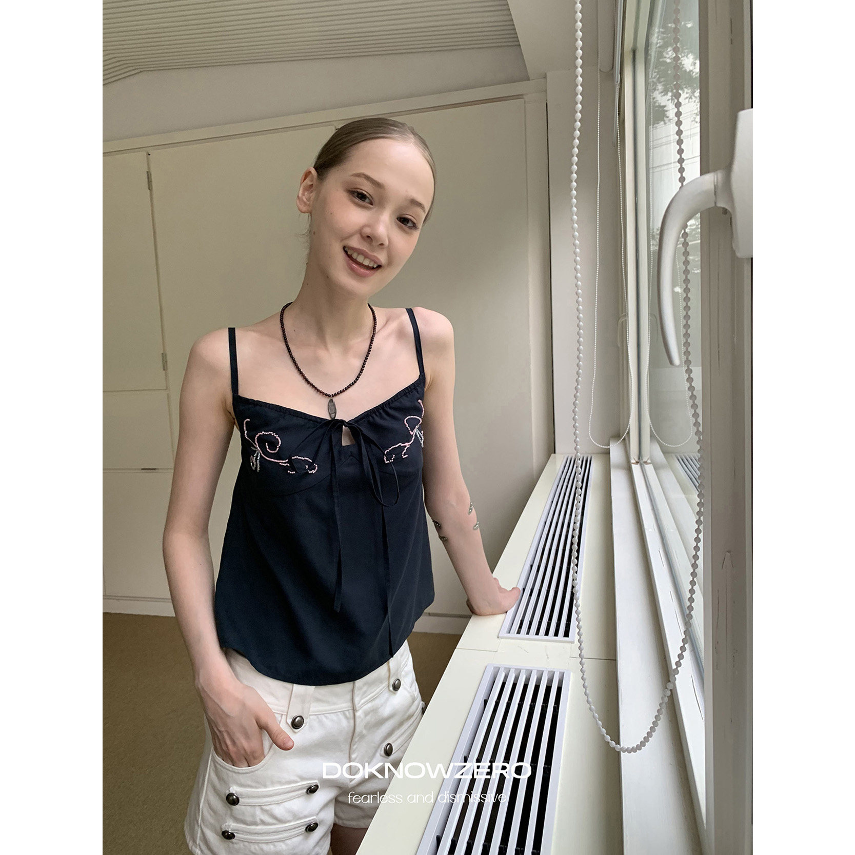 DKZ 100%莱赛尔 串珠绣花吊带背心女原创散摆无袖上衣