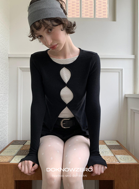 DKZ 假两件镂空波点长袖t恤女秋季新款修身针织上衣