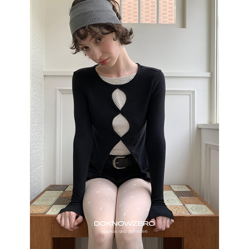 DKZ 假两件镂空波点长袖t恤女秋季新款修身针织上衣