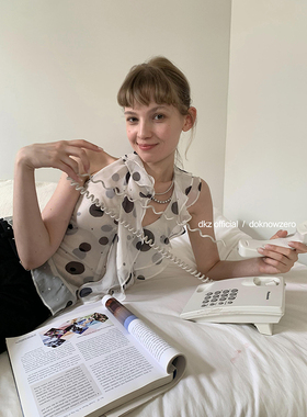 DKZ  荷叶边挂脖背心女夏季新款复古波点露肩无袖上衣