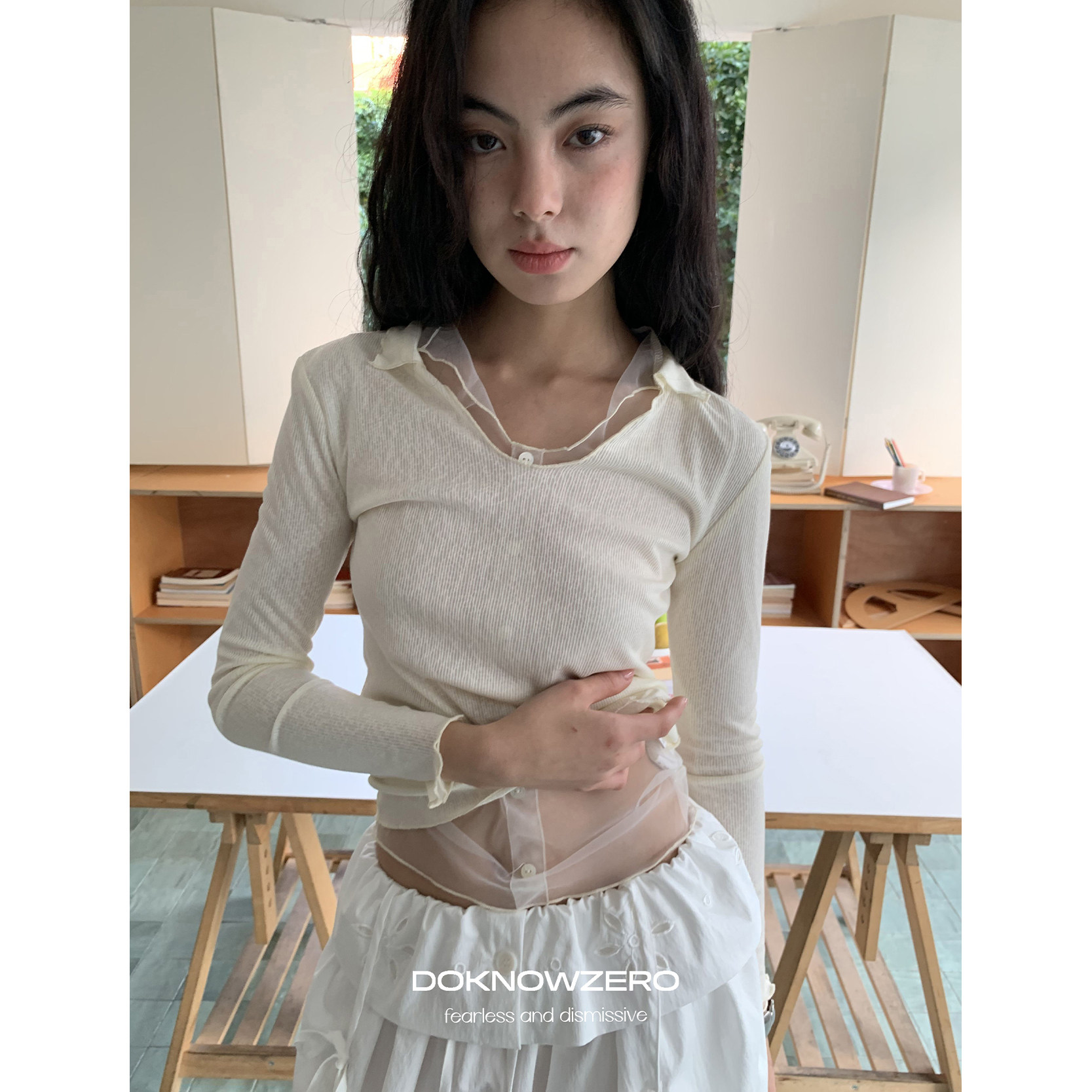 DKZ 薄款v领针织长袖女春季新款内搭网纱小衫两件套
