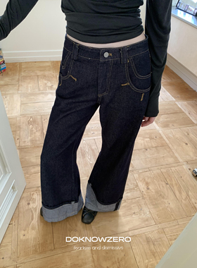 DKZ 深蓝色翻边牛仔裤女秋季新款宽松复古阔腿长裤