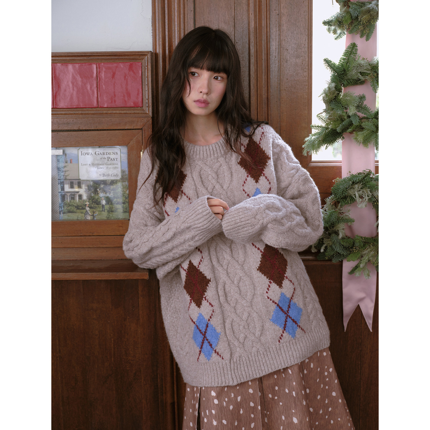 DKZ 菱形格纹圆领毛衣女冬季新款宽松复古麻花粗针针织上衣