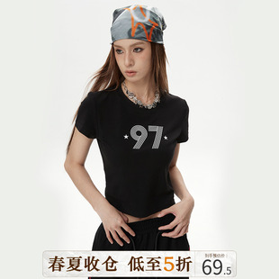 DKZ潮牌运动休闲字母短袖t恤女新款2023年美式街头风短款上衣