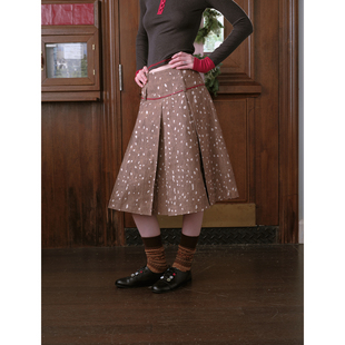 DKZ 复古水洗中裙 咖色小鹿纹百褶半身裙女秋冬新款