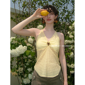 DKZ 上衣 带胸垫度假风无袖 复古格纹挂脖背心女夏季 新款