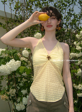 DKZ  复古格纹挂脖背心女夏季新款带胸垫度假风无袖上衣