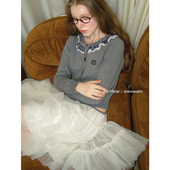 DKZ 复古格纹蕾丝拼接织上衣 新款 灰色针织开衫 外套女秋季