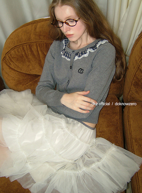 DKZ 灰色针织开衫外套女秋季新款复古格纹蕾丝拼接织上衣