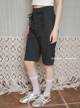 DKZ 灰色条纹五分裤女夏季新款简约百搭直筒休闲裤子