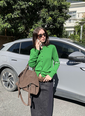 DKZ 绿色圆领针织开衫女新款修身叠穿百搭基础上衣