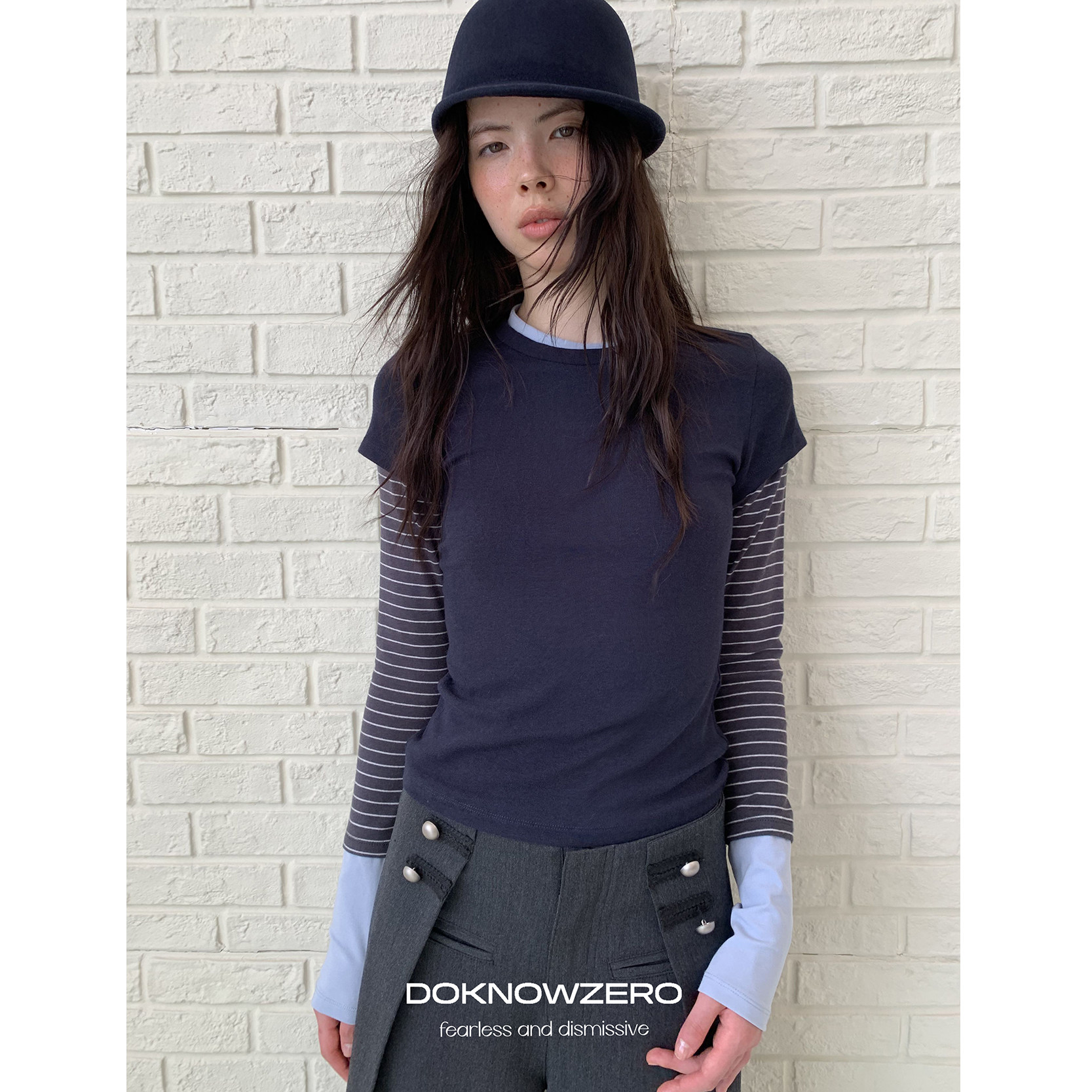 DKZ 假三件条纹长袖t恤女秋冬新款修身韩版内搭打底上衣