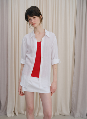 DKZ 白色可调节两穿衬衫女春季新款修身简约麻感七分袖卷袖衬衣