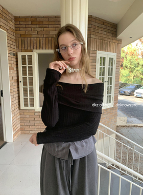 DKZ 黑色一字肩针织衫女秋冬新款修身下摆拼接假两件上衣