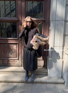 DKZ 黑色连帽长袖t恤秋冬新款简约内搭打底上衣