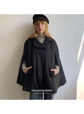 DKZ 黑色花苞领斗篷外套女秋冬新款宽松复古英伦风上衣