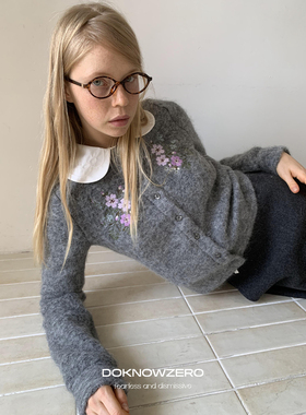 DKZ 灰色47羊驼毛开衫外套女冬季新款重工刺绣印花针织上衣