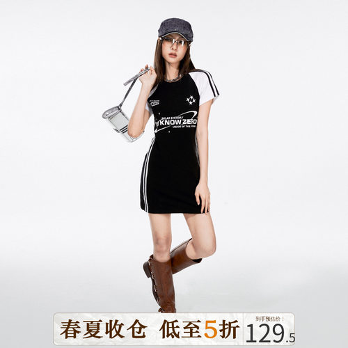 DKZ 拽姐风显瘦修身收腰连衣短裙女新款圆领黑白拼色短袖裙子