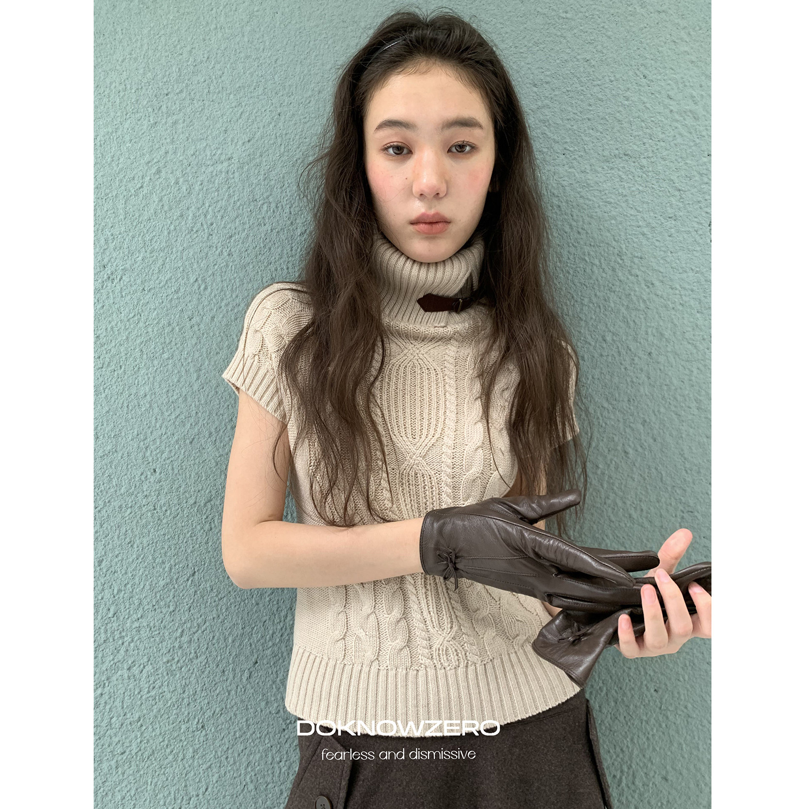 DKZ 高领针织短袖女秋季新款复古绞花针织上衣
