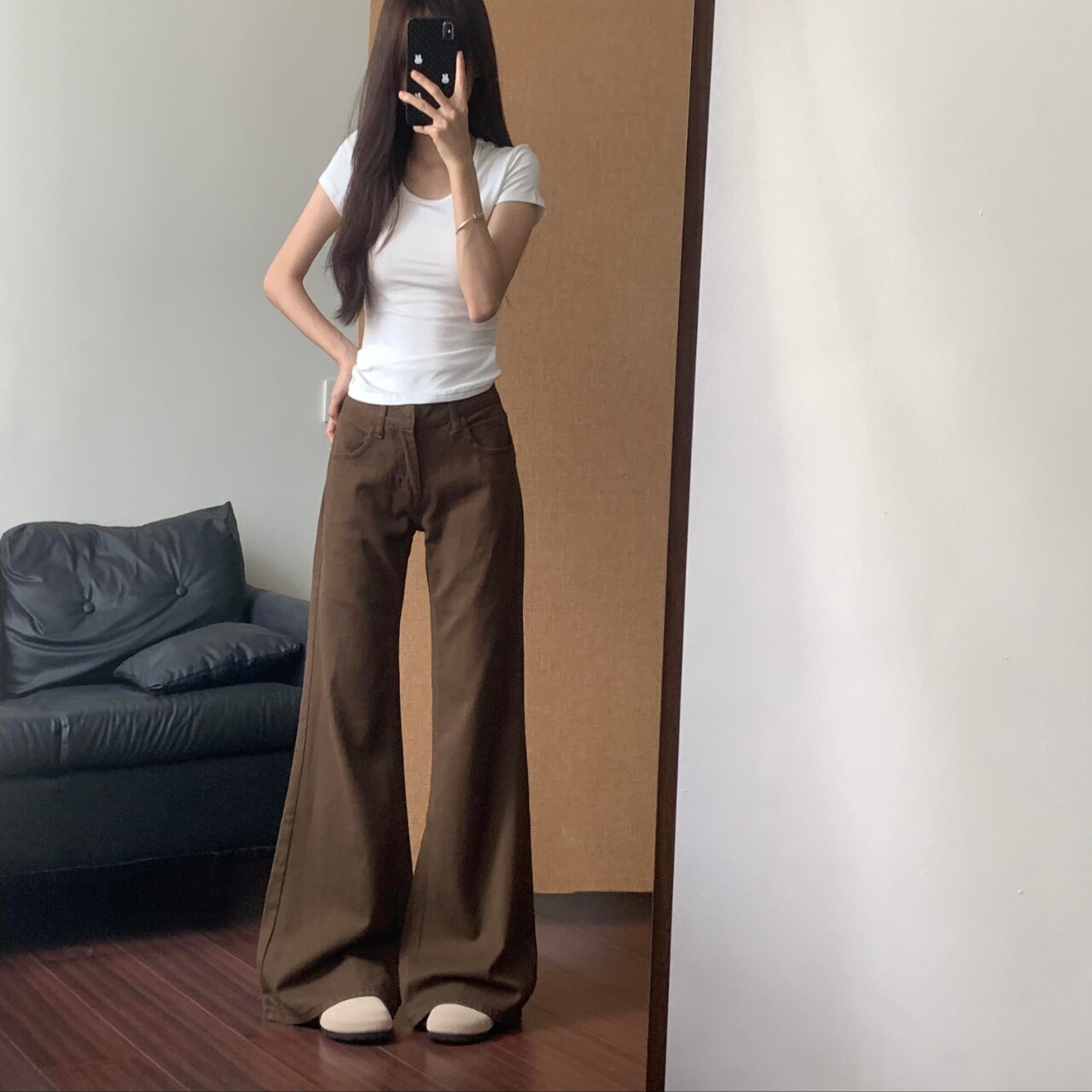 小个子复古微喇牛仔裤女低腰显瘦长裤美拉德咖色宽松不贴腿喇叭裤