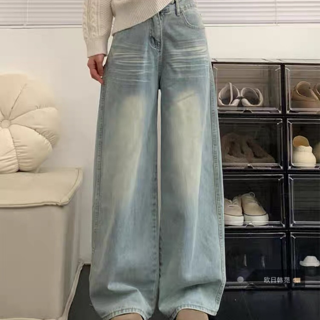 垂感牛仔裤女秋季百搭宽松浅蓝色阔腿裤美式辣妹不贴腿长裤直筒裤