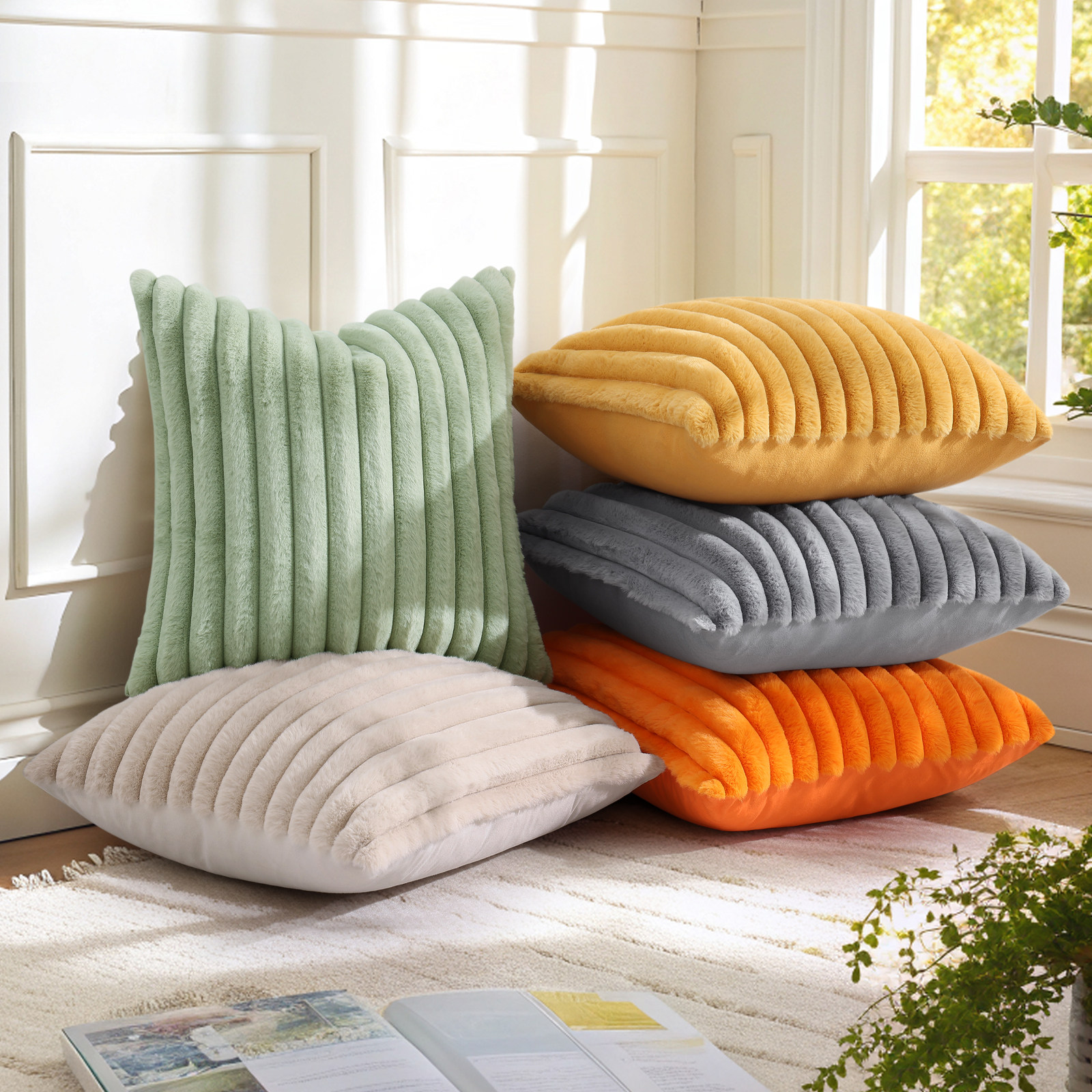 单面兔毛抽条抱枕套客厅沙发毛绒靠枕套不含芯床头办公室腰背靠垫