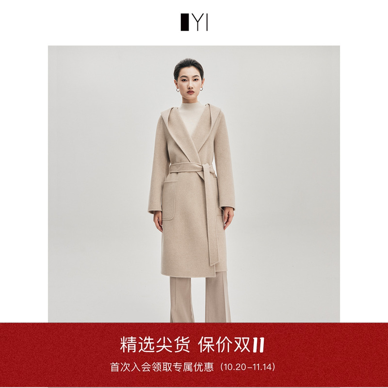 YI衣臻 2025秋冬新款燕麦色羊毛羊绒斗篷式中长款双面呢大衣