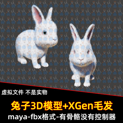 maya小白兔动物模型写实可爱兔子Xgen毛发材质贴图骨骼绑定3D模型