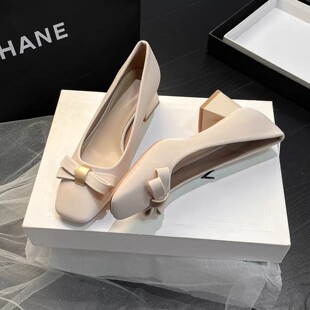 真皮法式甜美蝴蝶结方头粗跟高跟鞋女2026春夏新款配裙子伴娘单鞋