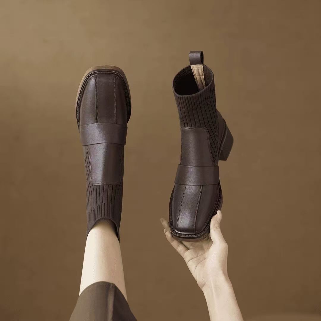 法式秋冬季针织筒粗跟短靴女真皮