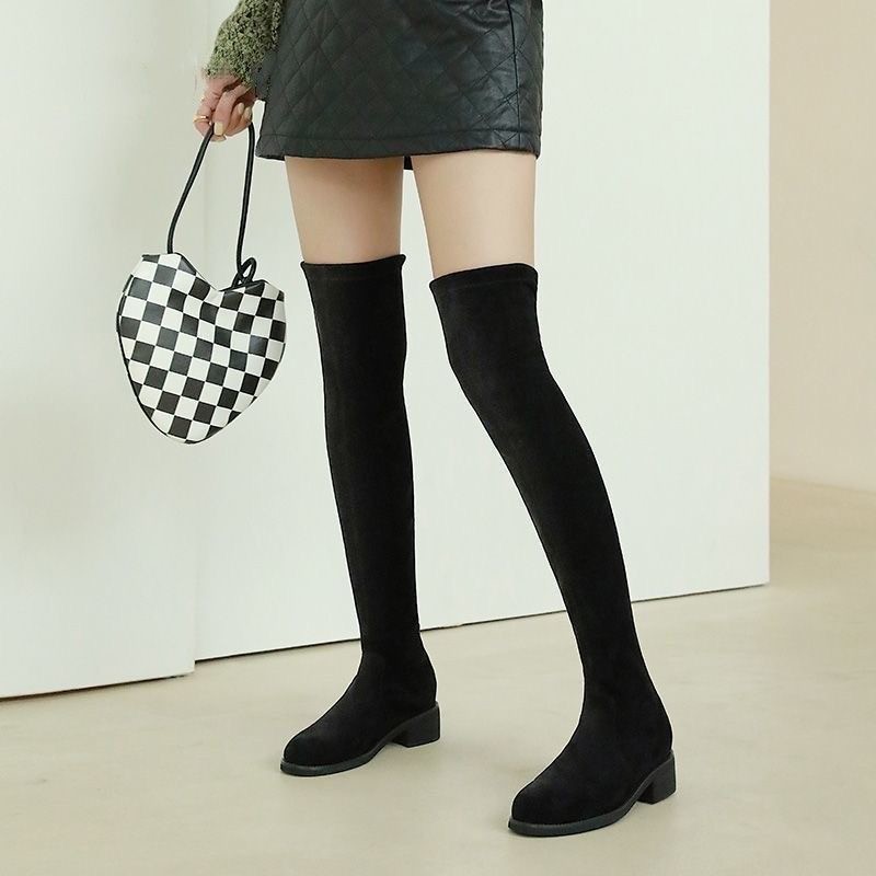 显瘦过膝长靴女平底2025秋冬加绒高筒靴粗跟绒面增高弹力瘦瘦靴