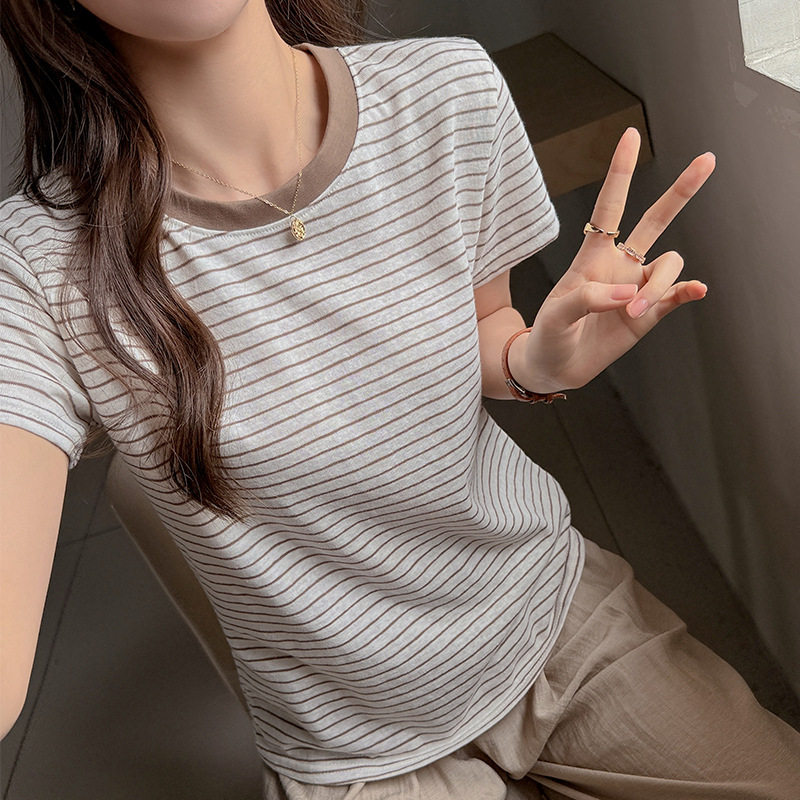 W韩版宽松撞色短袖t恤女春夏小T恤
