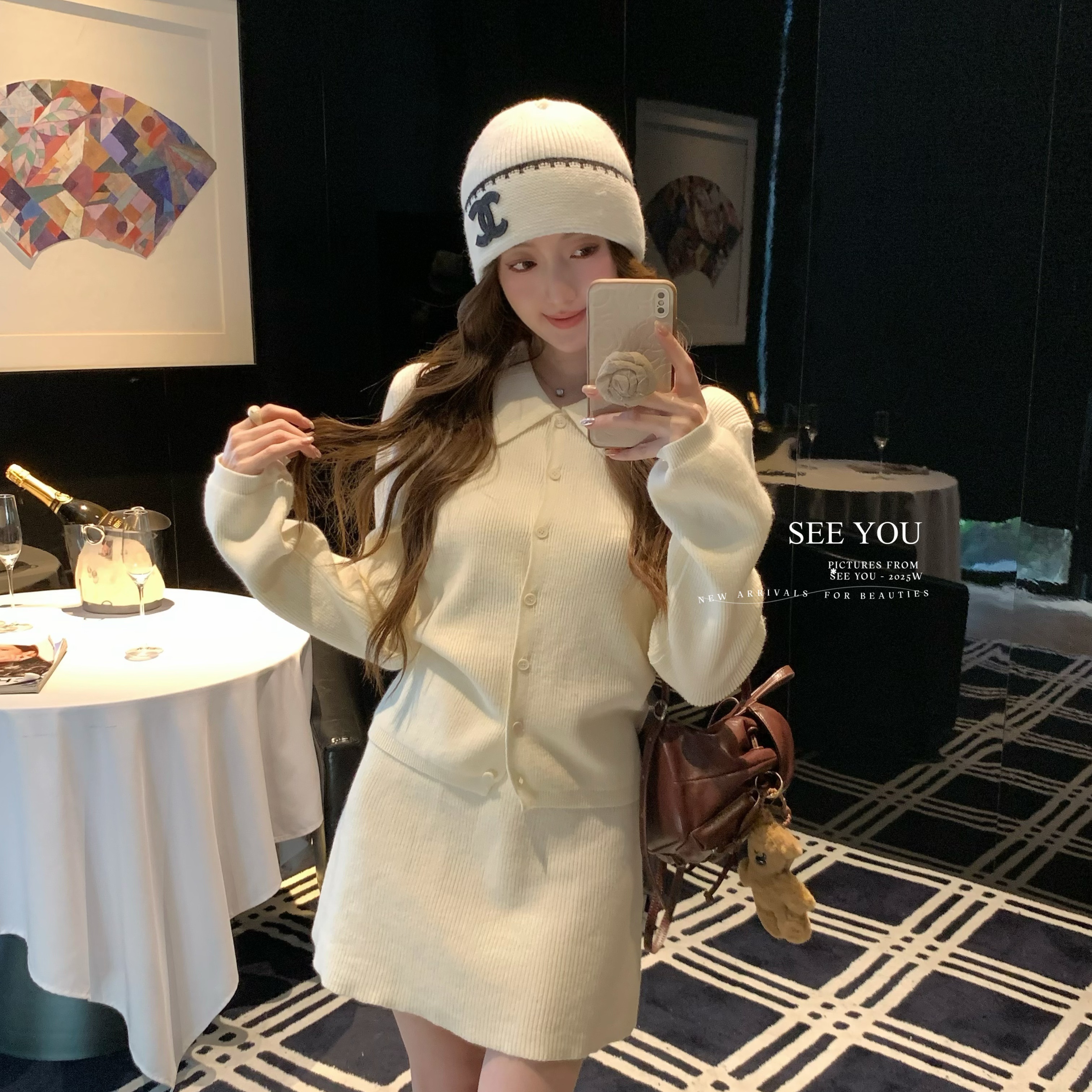 莓果秋冬气质简约风显瘦毛衣+松紧腰休闲半身裙套装C153LC153