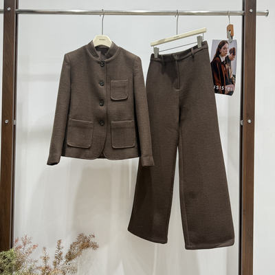 莓果老钱风高支羊毛咖色西装+直筒阔腿西裤套装(含70羊毛)42630