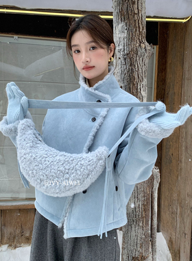 莓果韩系简约立领排扣仿皮毛一体短外套(不配包包)YS1-83116
