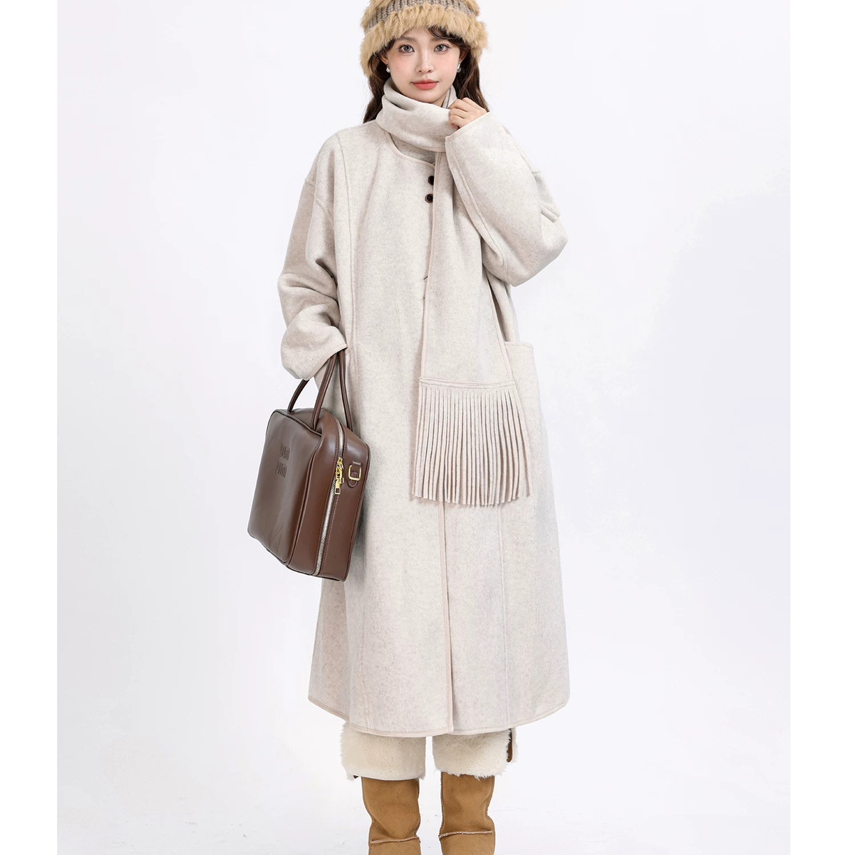 莓果小众日系杂志风中长款双面冬季氛围感宽松大衣(配围巾)26448