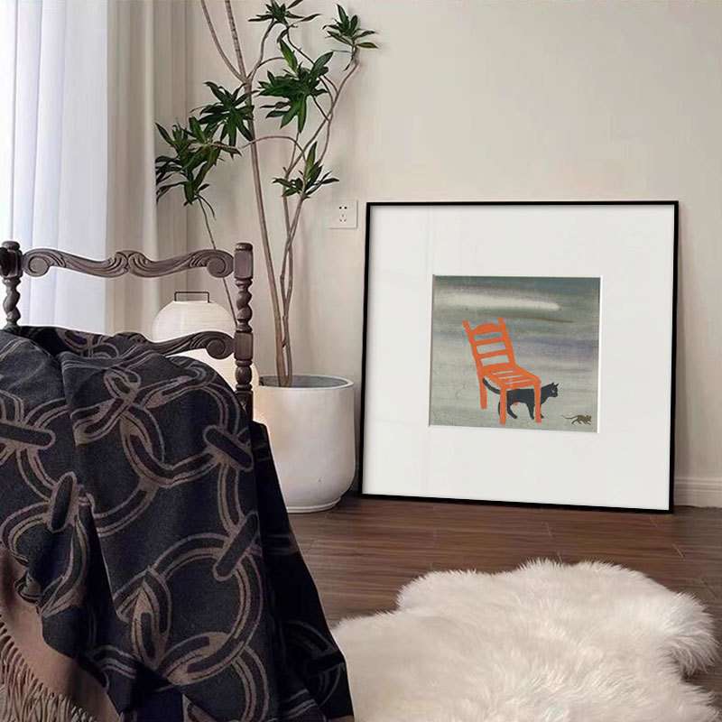 家庭客厅挂画椅子下的猫文艺正方形装饰画饭厅卡纸艺术墙民宿壁画图片