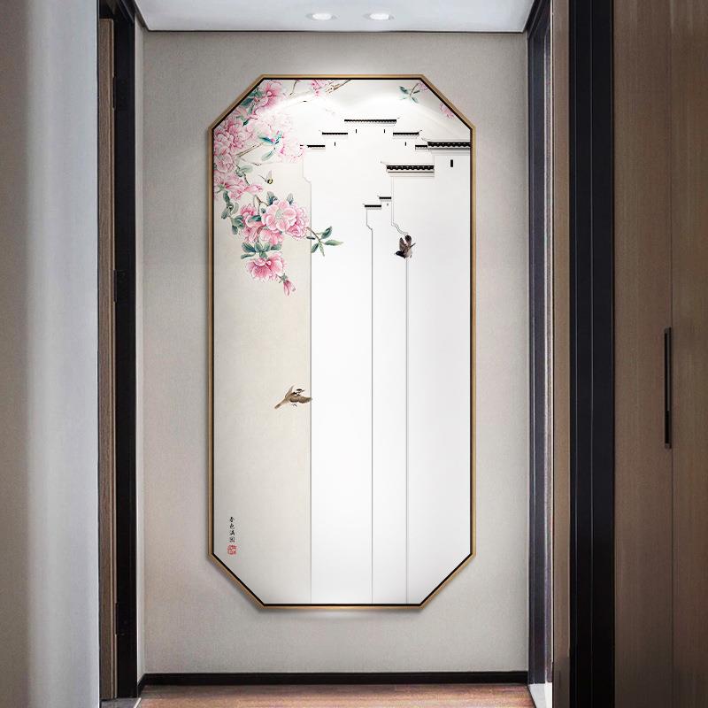 新中式入户玄关装饰画中国风徽派建筑墙面壁画过道走廊花鸟挂画