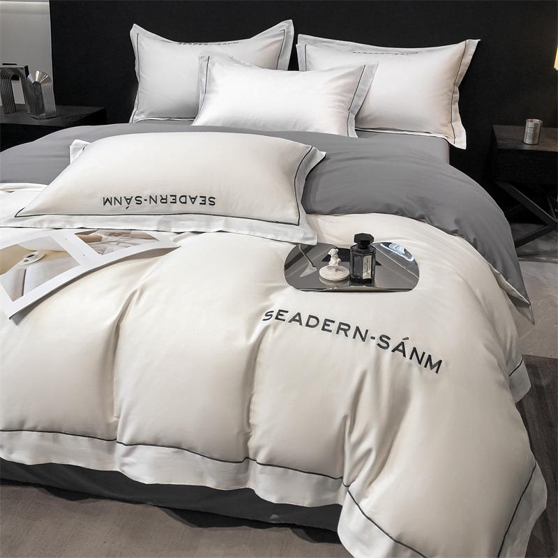 轻奢风全棉四件套简约字母刺绣纯棉被套床单新款双拼纯色亲肤床品