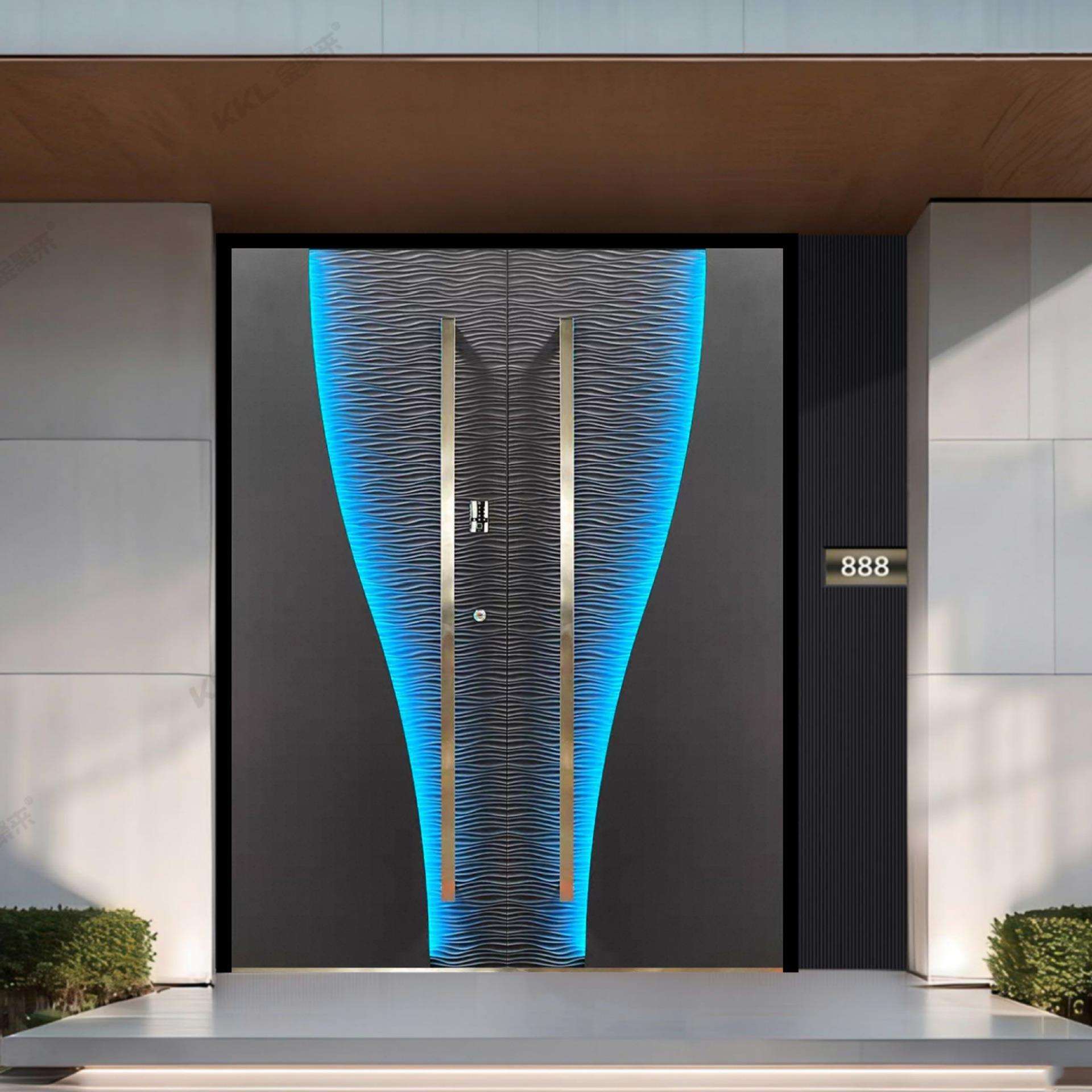 高级感豪华现代铸铝装甲门两边感应灯中间不锈钢拉手防盗门入户门