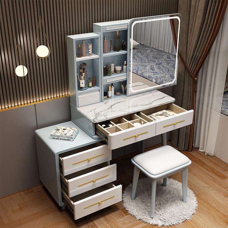 北欧岩板实木梳妆台收纳柜轻奢原木新款卧室简约现代多功能化妆桌