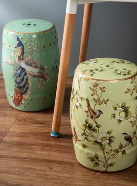 复古陶瓷坐墩花鸟陶艺凳客厅陶瓷花台花架家居新中式陶瓷鼓凳子