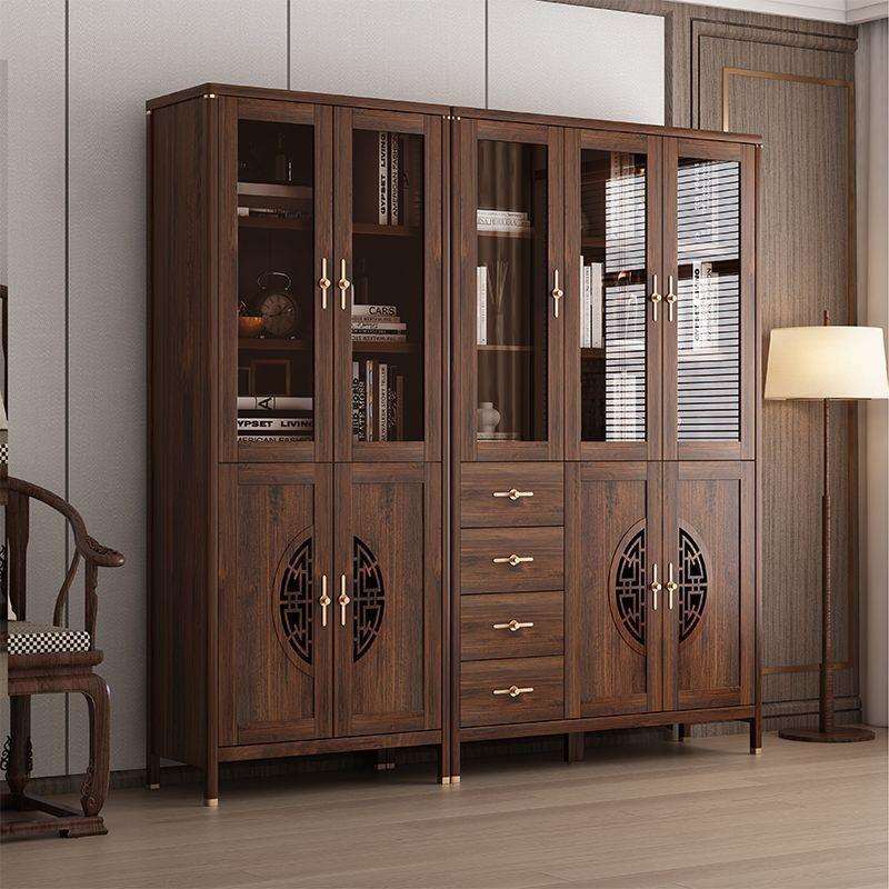 新中式书柜组合柜一体到顶整墙实木框书橱带玻璃门储物柜带门防尘
