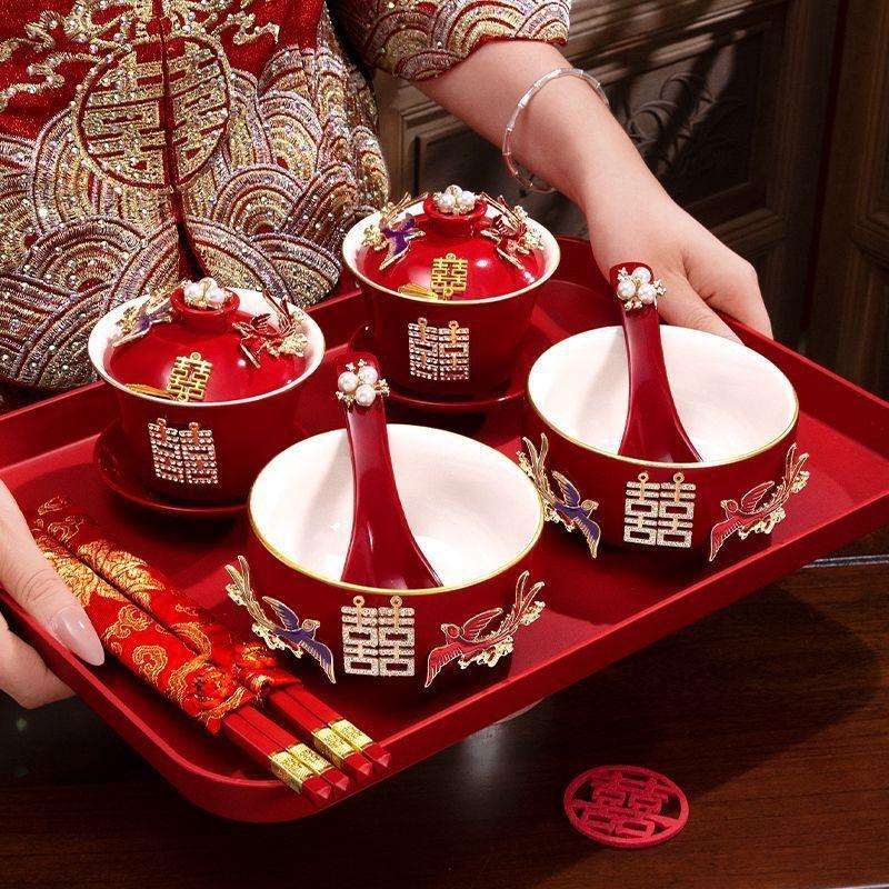 结婚敬茶套装婚礼敬茶杯一整套红色喜碗一对陪嫁改口喜杯碗筷茶具