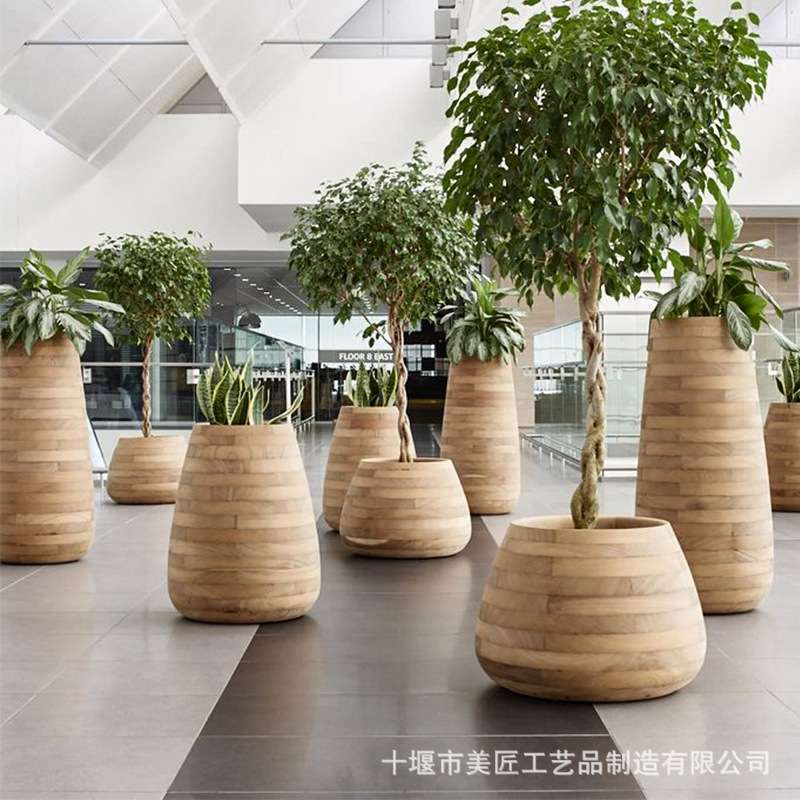 玻璃钢花盆商场木质花钵室内绿植花缸贴柚木皮彩绘纹理花器树盆