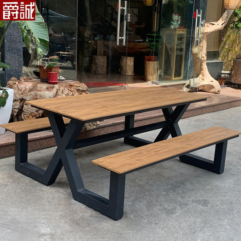 户外庭院桌椅组合阳台休闲防晒长条餐桌椅室外公园露天连体长桌椅