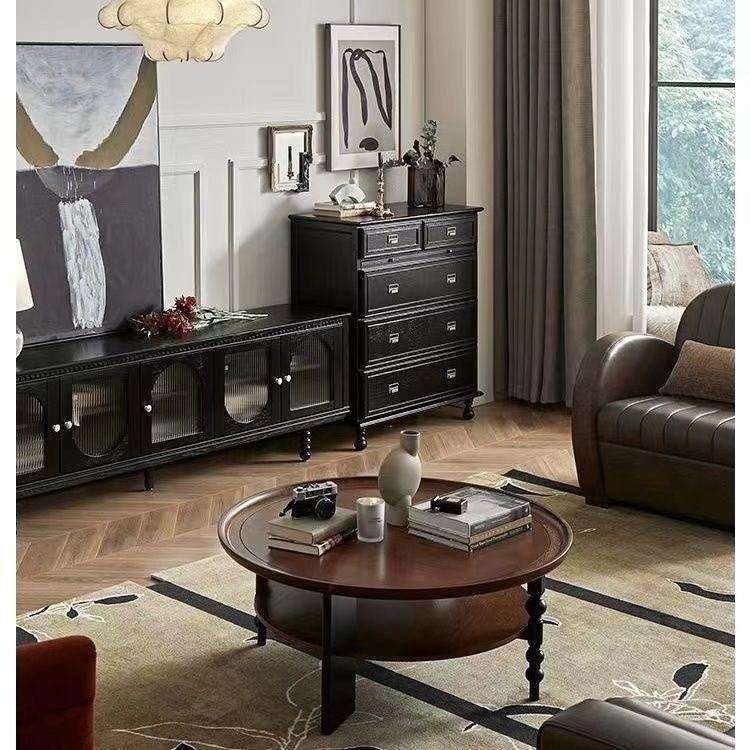 法式复古茶几圆形实木美式茶桌古风家用小桌子小户型客厅新款