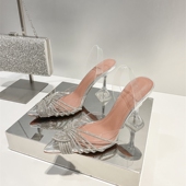 透明凉鞋 酒杯跟尖头后空浅口 新款 包头交叉水钻高跟鞋 女2025年夏季