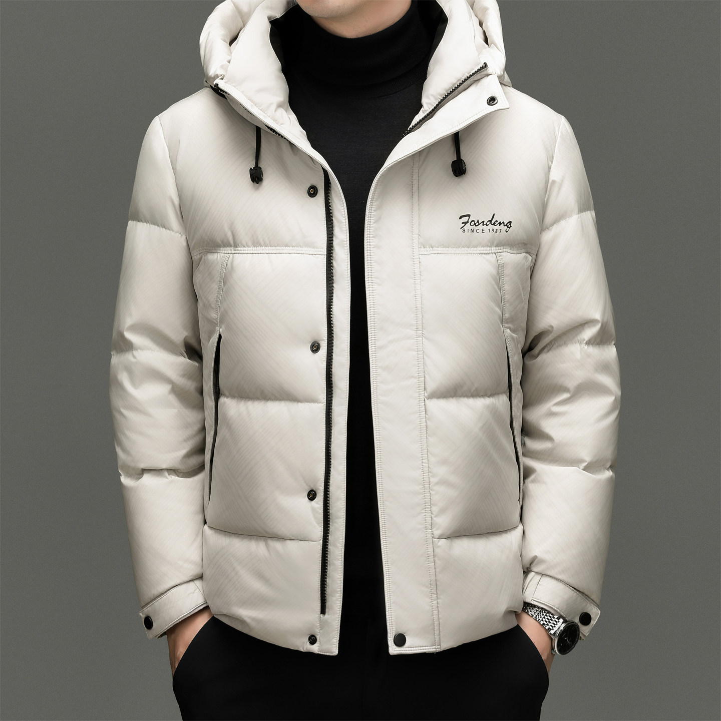 花花公子男士短款连帽羽绒服外套