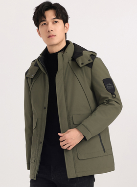 花花公子工装连帽羽绒服男中长款军绿色加厚保暖户外时尚都市外套